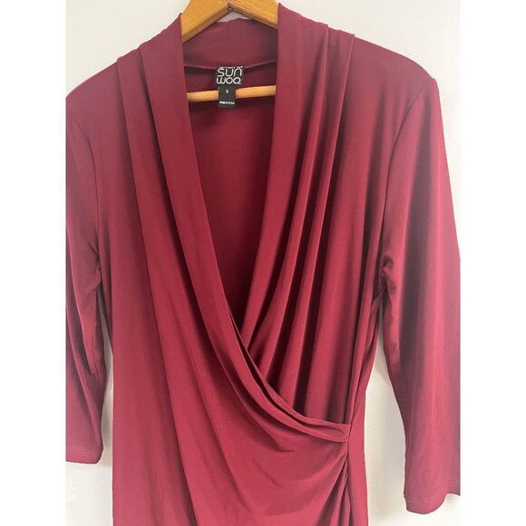 Clara Sun Woo Red Crossover Tulip Hem Faux Wrap Dress Size Small - Picture 4 of 8